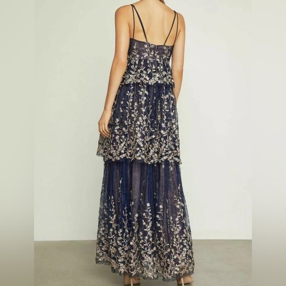 $588 NWT BCBGMAXAZRIA Floral Blooms Metallic Embroidered Ruffle Gown - Picture 5 of 15